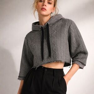 Sea New York Cropped Cable Knit Hoodie XS Gray Raw Hem Textured Sweatshirt